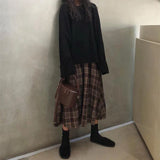 Gwmlk Vintage Brown Plaid Skirts for Women Autumn 2023 High Wiast A-Line Long Skirt Female Y2K Streetwear Casual Midi Skirts