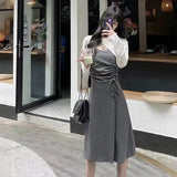 Gwmlk Drawstring High Waist Slimming Split Elegant Slip Skirt Women's V-neck Dress Sunscreen Blouse Two-piece Suit