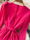 gwmlk Vintage Rose Red Pleated Party Long Dress Elegant Deep V-Neck High Waist A-Line Draped Maxi Vestiods Female New Fashion