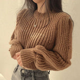 Gwmlk Women Sweaters and Pullovers Autumn Winter Short Hollow Out Knitted Sweater Female Solid Casual Long Sleeved Jumper Top