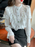 Gwmlk Vintage Sweet Lace Chiffon Blouse 2023 Autumn Beaded Lace Collar Shirt Lady Long Sleeve Ruffle Blusas Tops Mujer 23025