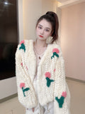 Gwmlk Winter Coats Autumn Korean Fashion Fake Rabbit Fur Knitted Embroidery Cardigan Loose Casual Jacket Women Clothing