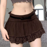 gwmlk y2k Brown Lace Pleated Skirts Women Low Waisted Fairycore Cute Mini Skirts Women Bow Sweet Harajuku Outfits Chic New