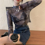 gwmlk Sleeve T-shirts Women Tie-dye Printed Summer Sun-proof Cropped Tops Fashion High Street Gauze Korean Style Chic Teens Retro