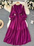 gwmlk Vintage Purple/Green/Orange Women Draped Long Dress Elegant Ruffle Collar Hollow Out High Waist A-Line Vestidos New