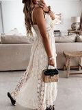 Gwmlk Lady Summer Lace Dress Holiday V Neck Spaghetti Strap Sundress Boho White Maxi Dress for Women Vestidos De Mujer 22194