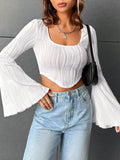 Gwmlk Long Sleeve Textured T-shirts For Women Crop Tops Scoop Neck Hanky Hem Solid Color Slim Tees y2k Clothes