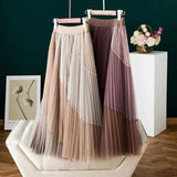 Gwmlk Korean Fashion Contrast Mesh Long Skirt Women Elastic High Waist A-line Pleated Skirts 2023 New Summer Long Tulle Skirt