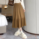 Gwmlk Women Long Knitted Skirts 2023 Autumn Winter New High Waist Patchwork Pleated Skirts Female Korean Wild A-Line Skirt