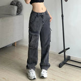 Gwmlk Vintage 90s Streetwear Cargo Pants Women All-match Pockets Baggy Wide Leg Jeans Woman High Waist Straight Denim Trouser