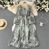 gwmlk Autumn Women Printed Long Dress Vintage Puff Sleeve High Waist A-Line Casual Maxi Vestidos Vacation Beach Robe New