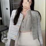 Gwmlk Korean Style Blue Tweed Jacket Women Elegant and Chic Oversize Short Jackets Streetwear Fashion New In Coats Aesthetic