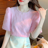 Gwmlk Elegant Beading Lace Blouse Puff Short Sleeve Women Korean Shirts O-neck Sweet Pleated New Casual Loose Tops Blusas 27169