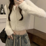 Gwmlk Soft Short Knitted Cardigan Women Korean Zipper Faux Mink Cashmere Sweaters Ladies Fall Winter Long Sleeve Y2K Crop Top