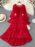 gwmlk Autumn New Holiday Style Ankle Length Long Dresses Women Sexy V Neck Puff Sleeve Lace Elegant Evening Party Summer Dress