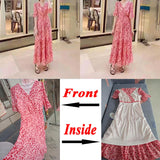 Gwmlk Pink Floral Summer Dress for Women Korean Printed Chiffon V-neck Long Dresses Female Elegant Ruffles A-Line Party Dress