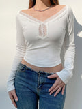 gwmlk y2k Lace White Knitted Crop Top V Neck Full Sleeve T Shirt Cute Harjauku Chic Korean Basic Slim Pullovers Women French