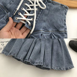 Gwmlk Lace Up High Waist A-Line Women Skirts Y2K Anti-Glare Denim Pleated Skirt Ladies All-Match College Style Mini Skirt Girl