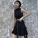 Gwmlk Black Punk Gothic Women Pleated Skirts Summer Harajuku Club High Waist Mini Skirt Girl Preppy Style A-Line Short Skirt