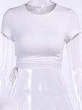 gwmlk T shirt Crop Tops Women Summer Short Sleeve Solid Round Neck Short Tee Top Drawstring Slim Fashion Female Shirts