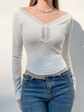 gwmlk y2k Lace White Knitted Crop Top V Neck Full Sleeve T Shirt Cute Harjauku Chic Korean Basic Slim Pullovers Women French