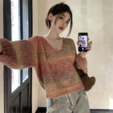 Gwmlk Sweet Gradient Color V-Neck Sweaters Woman Winter Thick Soft Knitted Sweater Women Retro Loose Long Sleeve Knitwear Top