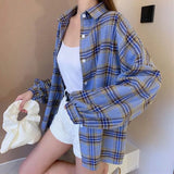 Gwmlk Y2K Harajuku Women Plaid Blouse Vintage Loose Single-Breasted Casual Shirts Woman Korean Streetwear Long Sleeve Shirt