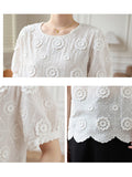 Gwmlk White Embroidered Lace Blouse Short Sleeve Woman Vintage Elegant Flowers Shirt Top Women Loose O Neck Slim Blouses 22361