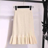 Gwmlk Women High Waist Knitted Skirts Solid Elastic Mermaid Knitting Ribbed Skirt Female Autumn Winter Warm Mid-Long Skirt