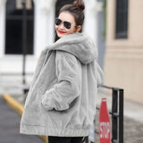 Gwmlk Black Gray Faux Rabbit Fur Coat Women Korean Casual Loose Hoodies Jacket Female 2023 Winter Thick Warm Furry Overcoat