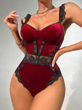 Gwmlk Velvet Bodysuit Lace Patchwork Luxury Women's Body One-Piece Crotchless Teddy Fitness Ruffle Sexy Sissy Winter Tops