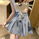 Gwmlk Lace Up High Waist A-Line Women Skirts Y2K Anti-Glare Denim Pleated Skirt Ladies All-Match College Style Mini Skirt Girl