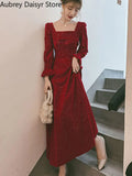 Gwmlk Red Long Dress Women Vintage Square Collar Chic Sequin Design Formal Occasion Dress Casual Wedding Evening Party Dress