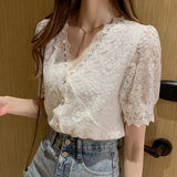 Gwmlk Women Tops and Blouse Korean V-neck New Lace Shirts Stitching Women Short-sleeved Lace Hollow Out Top Female Blusa 13985