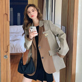 Gwmlk Fashion Plaid Contrast Blazer Coat Women Korean Loose Single-Breasted Suit Jacket Stitching Pocket Notched Collar Outerwear