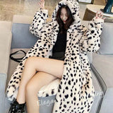 Gwmlk Leopard Fur Winter Long Coat Women Thick Warm Faux Rabbit Fur Outerwear Female Streetwear Loose Fuzzy Hooded Overcoat