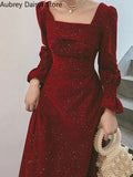 Gwmlk Red Long Dress Women Vintage Square Collar Chic Sequin Design Formal Occasion Dress Casual Wedding Evening Party Dress