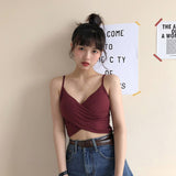 gwmlk Sexy Women V Neck Pure Color Patchwork Crop Tops Sleeveless Camisole Tank Tops Casual Summer Ladies Slim Vest