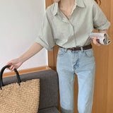 Gwmlk Vintage Turn-Down Collar Shirts Women 2023 Summer Striped Casual Baggy Blouse Woman Korean All-Match Soft Simple Shirt