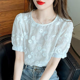 Gwmlk Embroidered Flower Blouse White Lace Chiffon Shirt Woman Short Sleeve Women 2023 Elegant Ladies Casual O Neck Tops 27012