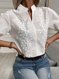 Gwmlk Floral Embroidery Lace Blouse Women Hollow-out Stand Collar V Neck Casual Shirt Elegant Short Sleeve Cotton Tops 24350