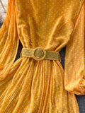 gwmlk Vintage Yellow/Purple/Blue Polka Dot Chiffon Long Dress Women Elegant O-Neck Puff Sleeve Pleated Party Robe Female 2023