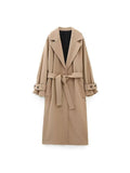 Gwmlk Women Elegant Long Wool Coat With Belt Solid Color Long Sleeve Chic Outerwear Ladies Overcoat