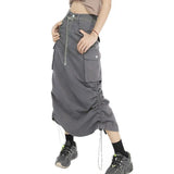 Gwmlk Women Cargo Skirt Summer Clothes 2023 Retro Drawstring Half Dress Long Side Pockets Solid Color Skirt y2k Streetwear