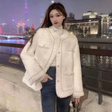 Gwmlk Korean Loose Lamb Wool Jackets Ladies Autumn Winter Thickened Warm Plush Coats Women Streetwear O-Neck Faux Fur Outwear