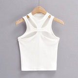 gwmlk New Asymmetrical Hollow Solid Color Knitted Round Neck Short-sleeved Summer Sexy Vest on The Chest