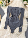 gwmlk Slash Neck Long Sleeve Bodysuit Autumn 2023 Single Breasted Playsuit Red/Gray/Black Sexy Knitted Rompers New Fashion 2023