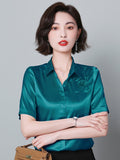 Gwmlk Women Shirt Embroidered Womens Tops Satin Short Sleeve Blouse 2023 Summer Fashion Female Clothing Casual Shirts for Women