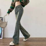 Gwmlk Retro Blue Washed Flare Jeans Women Aesthetic Y2K Skinny High Waist Pants Female Korean Fashion Street Denim Trousers