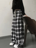 gwmlk and White Plaid pants New Women Casual Loose Wide Leg Trousers Ins Retro Teen Straight Trousers Hiphop Streetwear